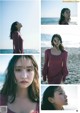 A collage of photos of a woman standing on the beach.