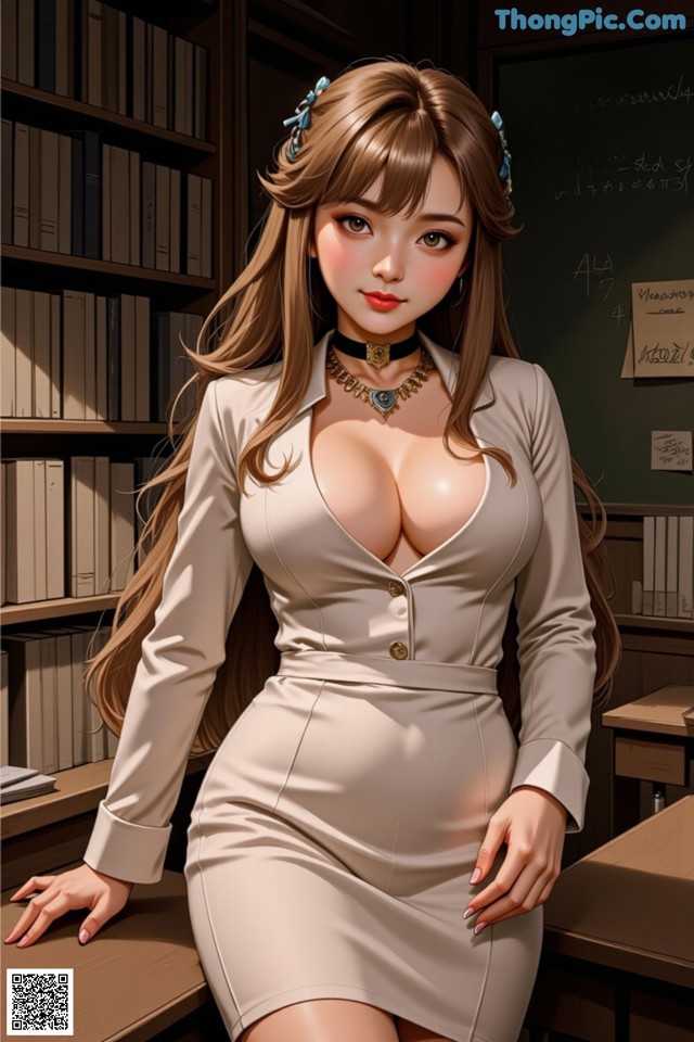 A woman in a white dress sitting at a desk in a library.