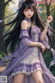 A woman in a purple dress with long black hair.