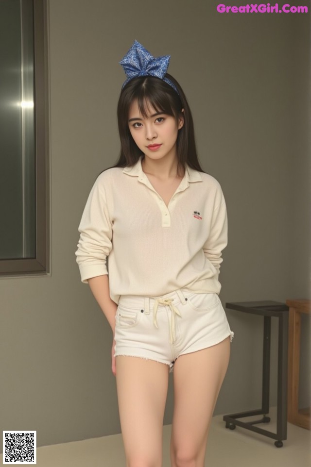 a woman wearing white shorts and a white shirt