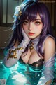 A woman with purple hair in a pool of water.